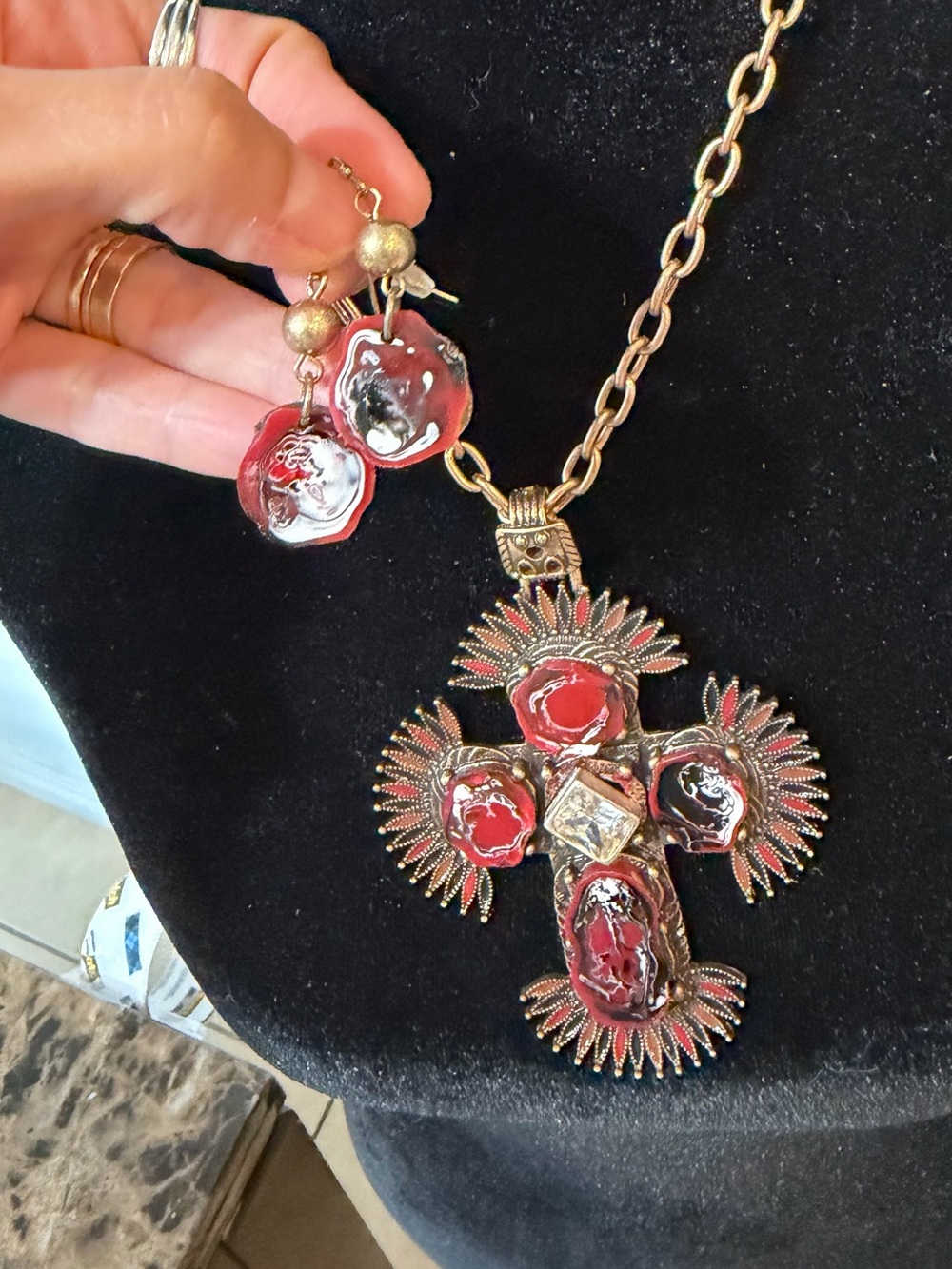 Vintage-Inspired Red and Gold Cross Pendant Necklace and Earring Set